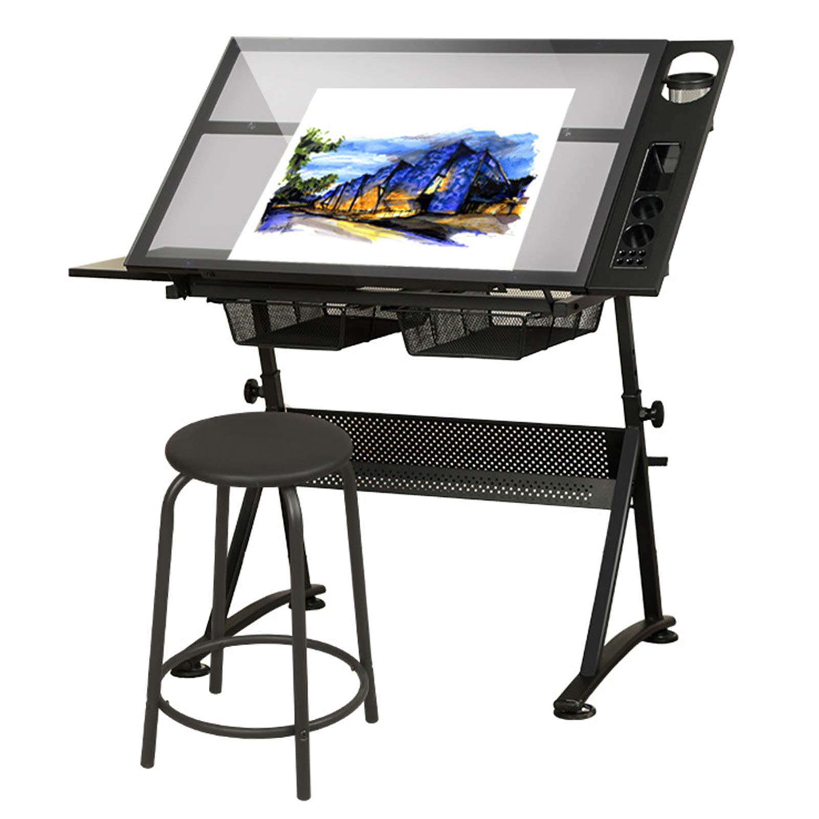 XIONGGG Adjustable Height Drafting Table with 2 Storage Drawers - Tiltable Glass Art Desk for Drawing, Drafting & Design - Perfect for Artists, Architects & Students (Home Studio, Office & Classroom Use)