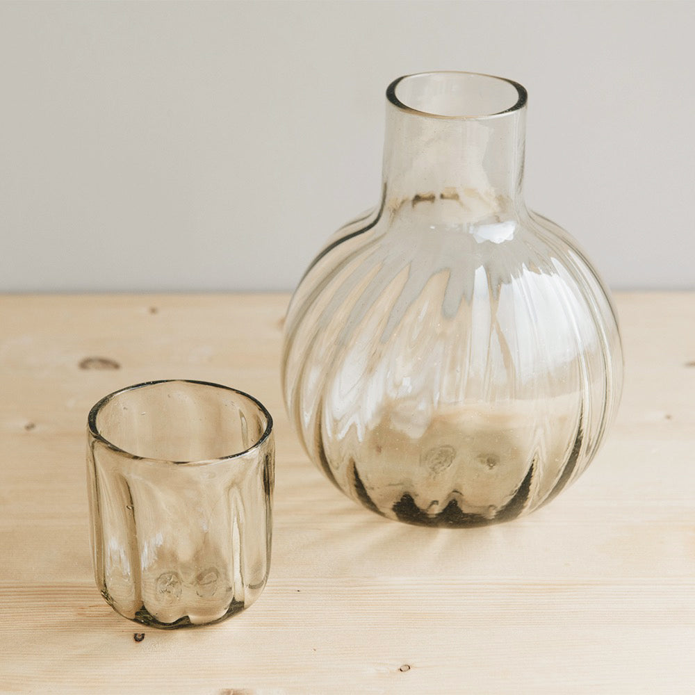 Eco-Friendly Recycled Glass Fluted Carafe Set - 2-Piece Water Pitcher & Drinking Glasses for Home, Kitchen & Party Serving - Perfect for Iced Tea, Lemonade & Cocktails