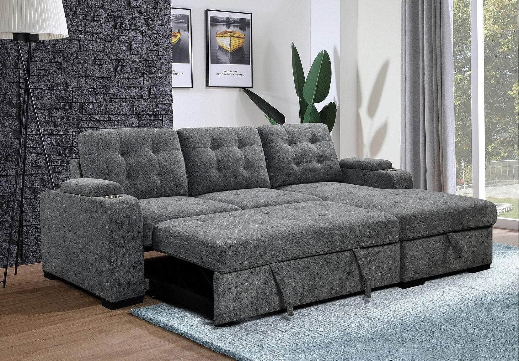 Sunnybrook Sleeper Sectional Sofa Bed with Cupholders & Storage Chaise - Grey Convertible Couch for Small Spaces | 2 Configurations Available | Perfect for Guest Rooms, Apartments & Home Theaters