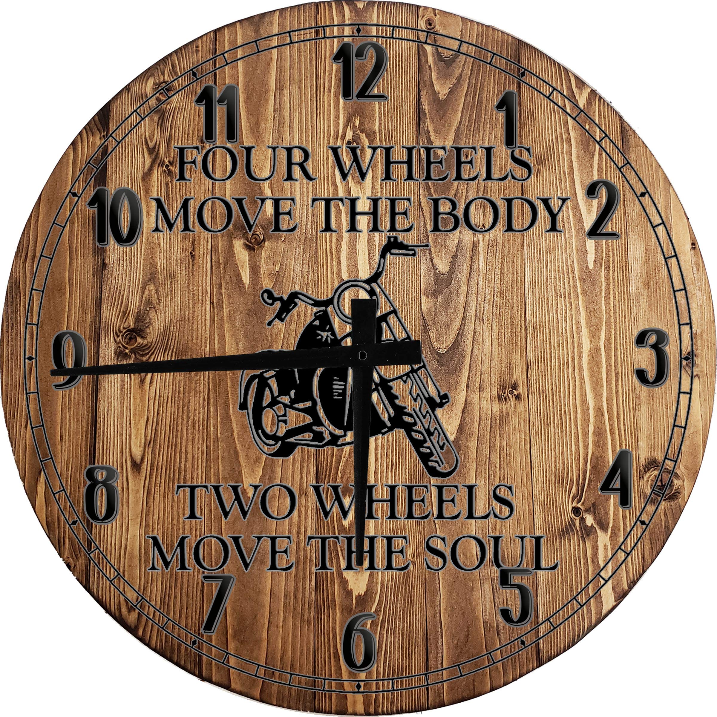 Men's Motorcycle Garage Decor - 18 Inch Large Round Wood Wall Clock for Wheels Move The Soul Theme, Perfect for Man Cave, Living Room, or Office Wall Art