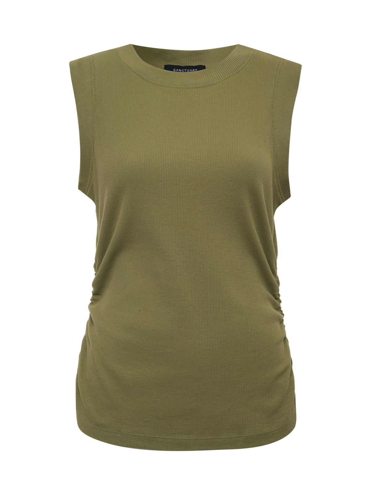 Ribbed Ruched Tank Top for Women - Sage Green Stretchy Bodycon Shirt for Casual Wear & Night Out