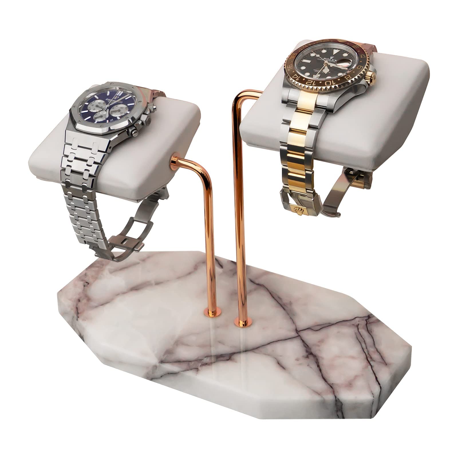 LYS&LYX Handcrafted Watch Stand - Premium Watch Display Holder for Luxury Watches (2-Pack, White/Rose Gold/White) | Perfect for Jewelry Store, Home Decor, and Watch Collection Display