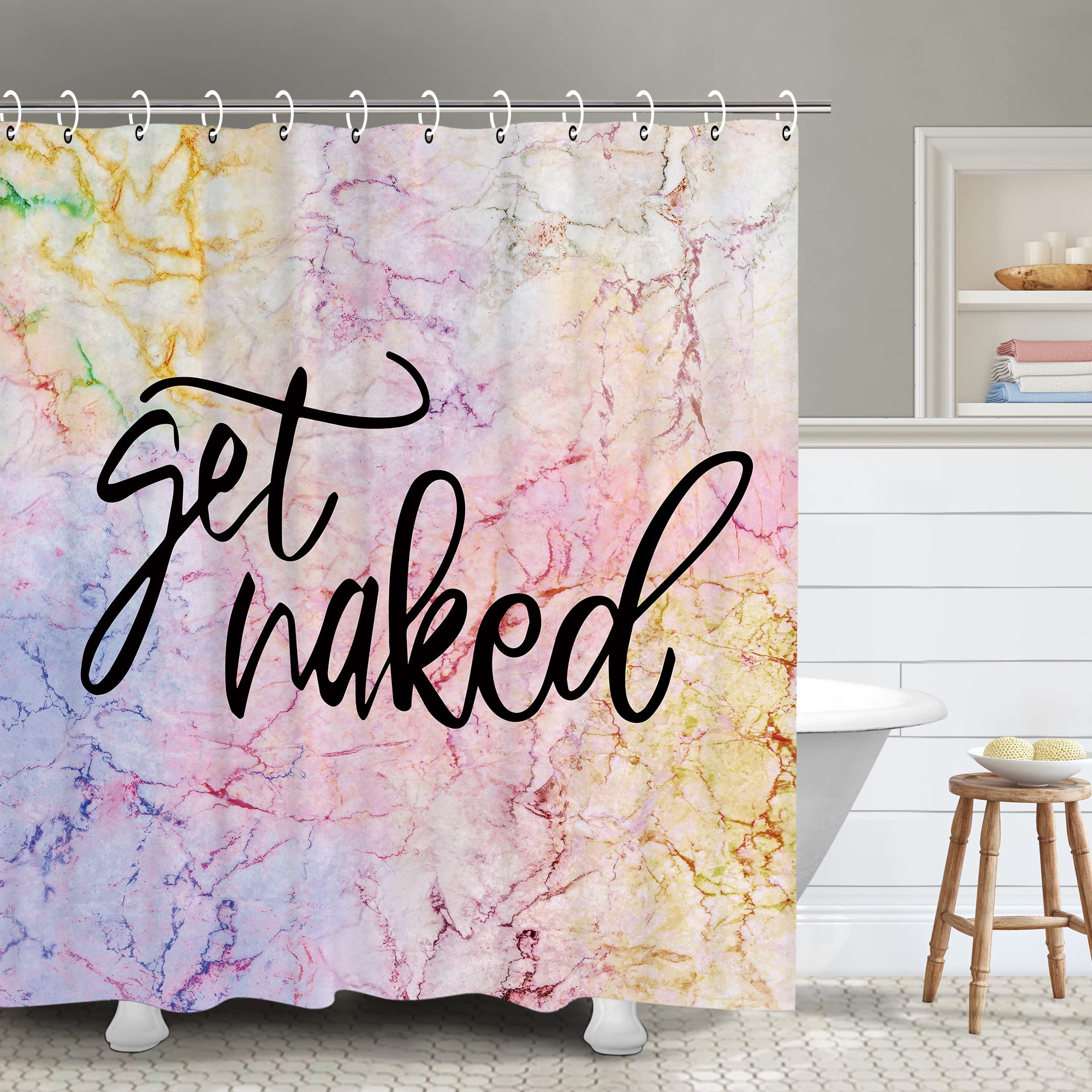 RosieLily Funny Get Naked Shower Curtain - Pink Marble Bathroom Decor with 12 Hooks, 72x72 Inch Waterproof Fabric for Bathroom & Spa - Perfect for Home, Dorm, RV, and Hotel Use