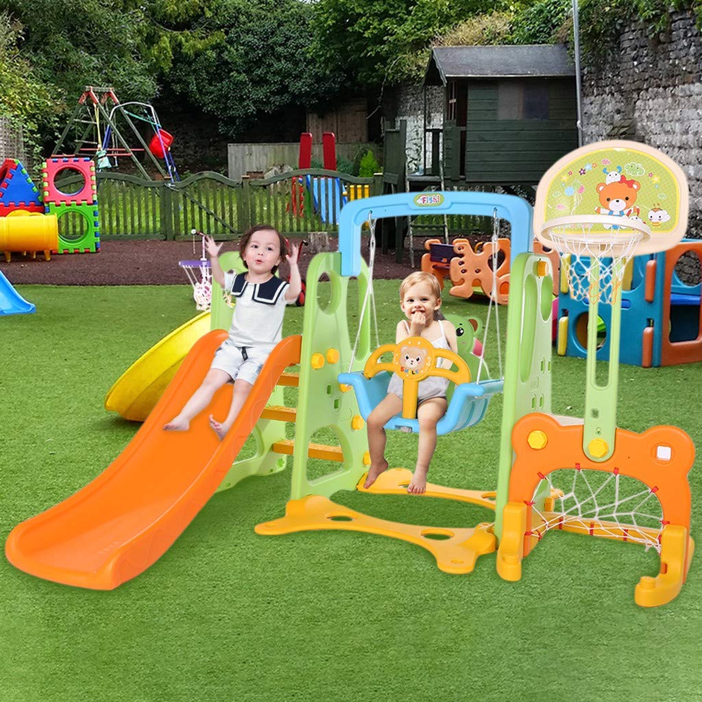 MINIKID 6-in-1 Toddler Climber and Swing Set with Slide, Basketball Hoop, Climbing Ladder & Sports Accessories - Outdoor Backyard Playground Equipment for Kids Ages 2-5 Years - Perfect for Birthday Gifts, Backyard Fun & Early Childhood Development