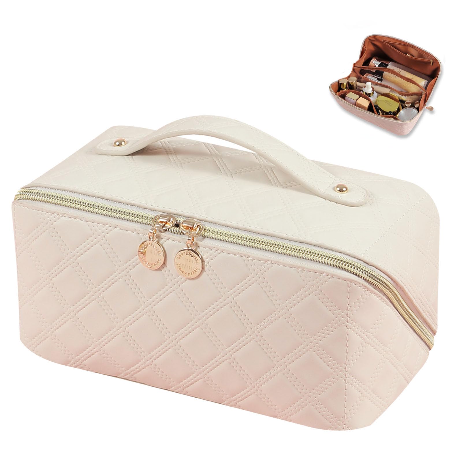 BAKLUCK Large Capacity Waterproof PU Leather Travel Makeup Bag - Portable Cosmetic Organizer with Lay Flat Design for Women | Perfect for Air Travel, Vacation & Daily Use