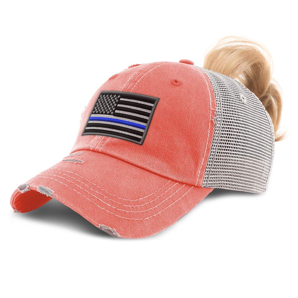 Custom Women's Ponytail Hat with American Flag & Thin Blue Line Embroidery - Breathable Cotton Baseball Cap for Running, Workout, Outdoor Activities