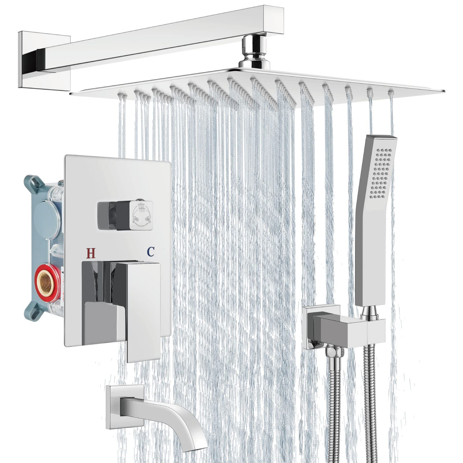 Luxury Aolemi Rainfall Shower System - 10 Inch Polish Chrome Shower Head Combo Set with Tub Filler, Handheld Shower & Wall Mount Mixer Faucet | Perfect for Modern Bathroom Renovation & Spa-Like Shower Experience