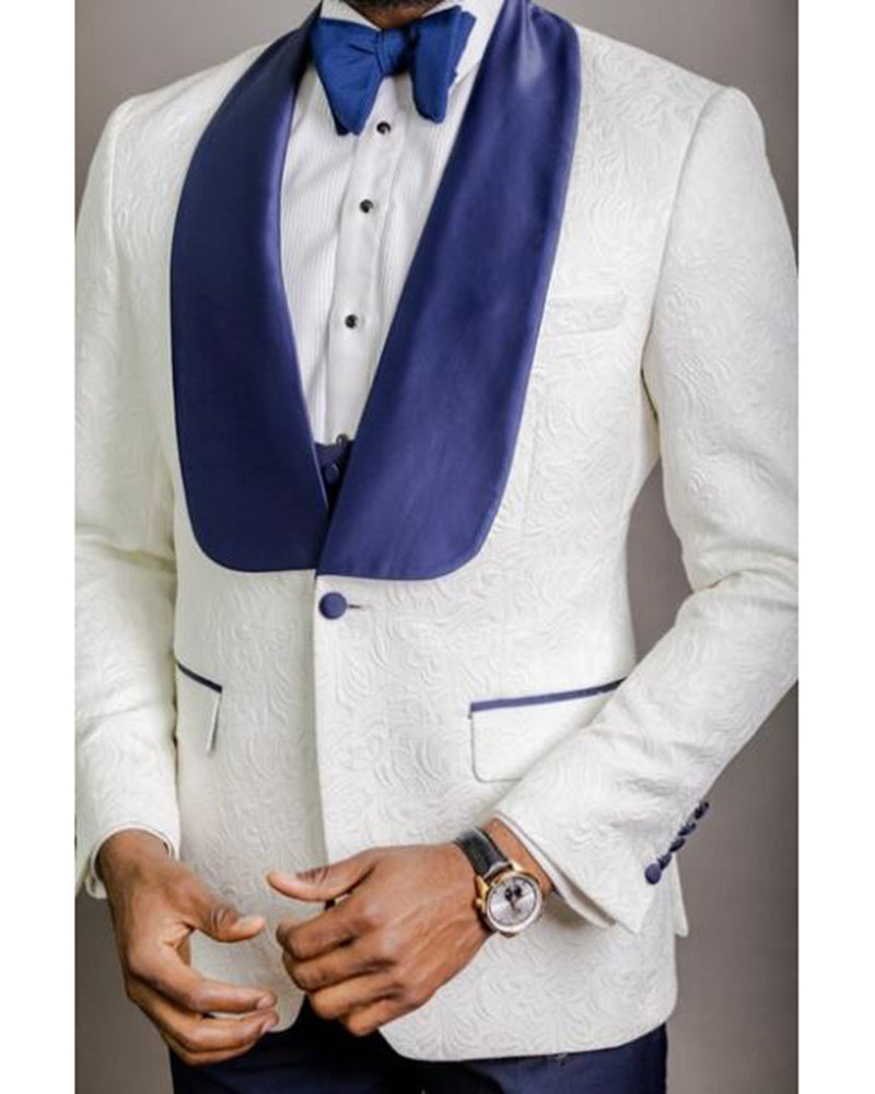 Elegant Ivory Jacquard Wedding Suit for Men with Blue Lapel - 2 Piece Prom Tuxedo Set (Jacket & Pants) CB784 - Perfect for Weddings, Proms & Formal Events