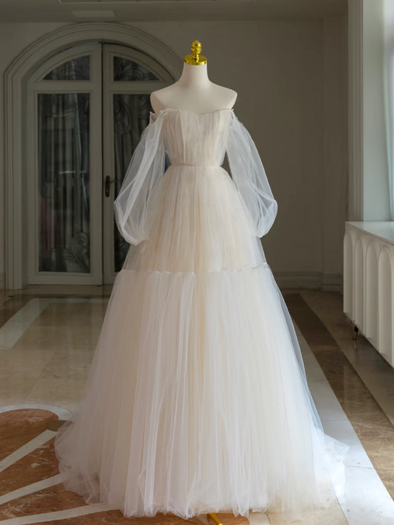Elegant A-Line Tulle Long Sleeve Light Champagne Prom Dress - Formal Evening Gown for Homecoming, Wedding, Quinceañera & Special Occasions