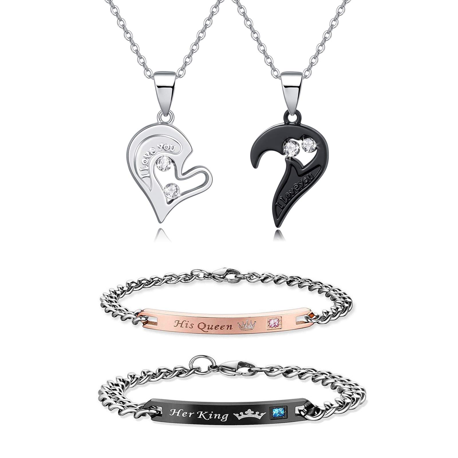 4PCS Couple Necklace & Bracelet Set for Him and Her - CZ Heart 