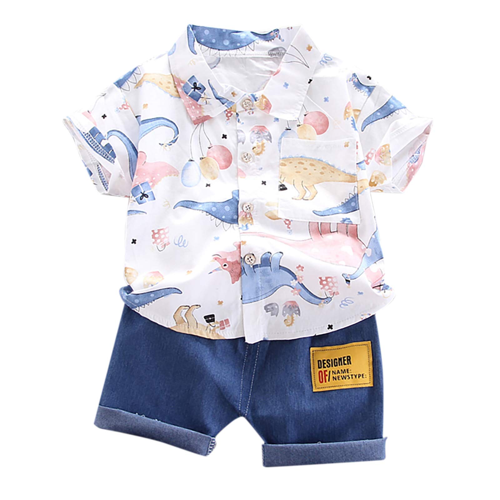 LLUO Summer Baby Boys T-Shirt & Shorts Set - Cartoon Print Outfits for 1-4 Years Old (White, Size 80=S) - Perfect for Playtime, Daycare & Family Outings