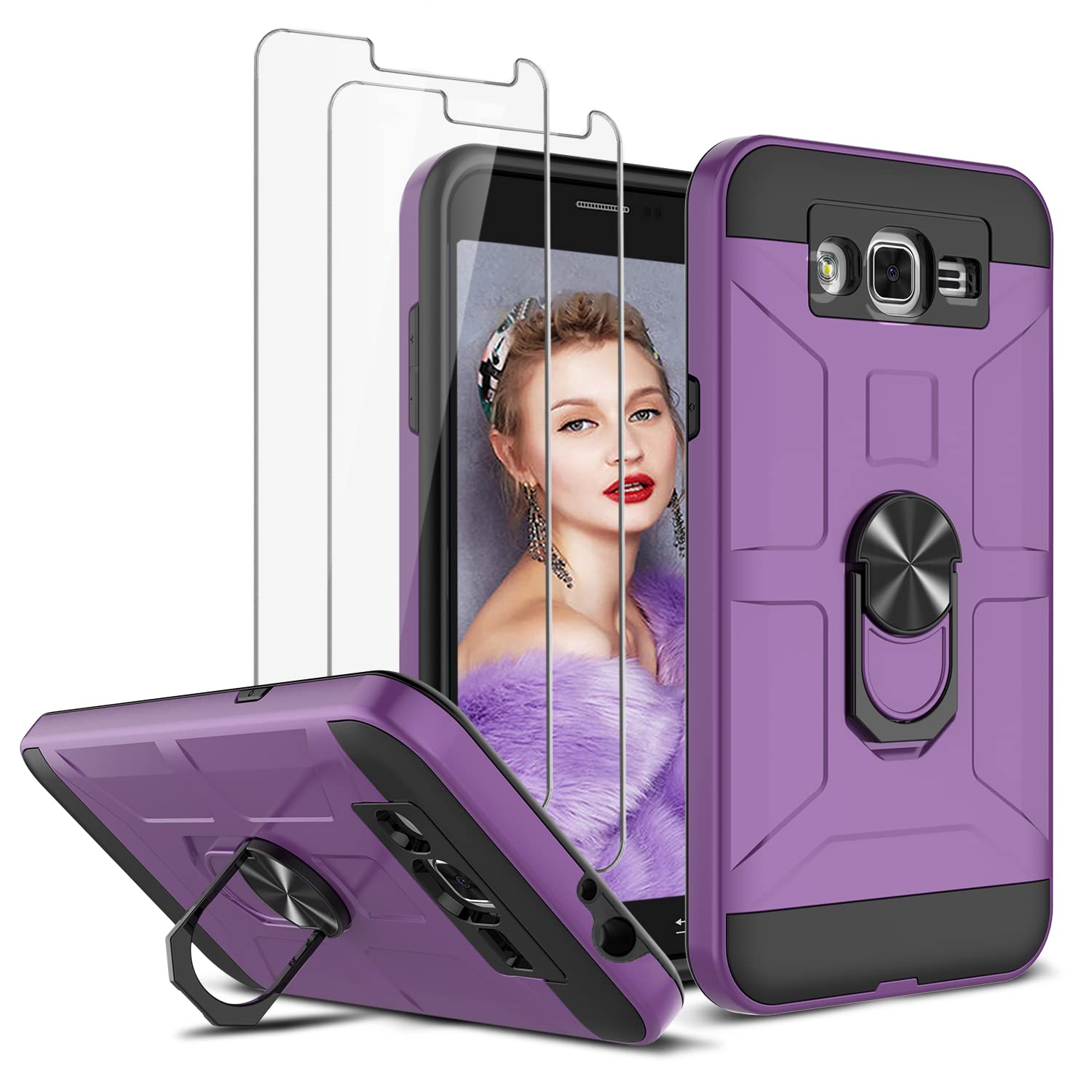 Galaxy J3 2016/J3 V/J3 Pro/Express/Amp/Sol Shockproof Phone Case - Dual Layer Armor Defender, Scratch Resistant Hybrid Cover (Purple) - Perfect for Outdoor Activities & Daily Protection