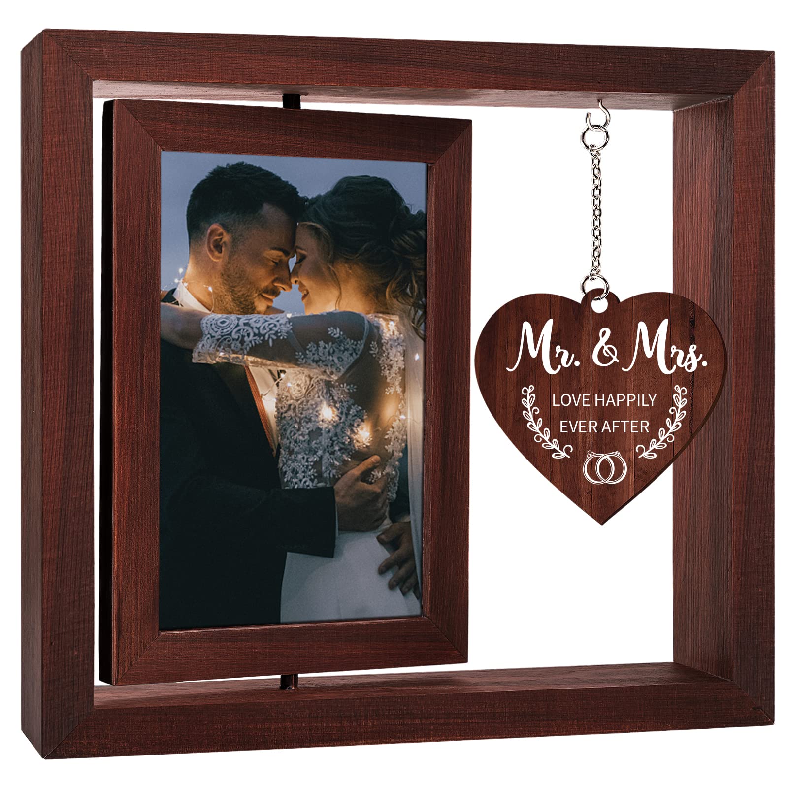 Vetbuosa Rotating Wedding Picture Frame 4x6 - Unique Mr and Mrs Wedding Gifts for Bride & Groom, Bridal Shower Gift for Couples - Solid Wood Keepsake Frame for Wedding Photos, Anniversary & Home Decor