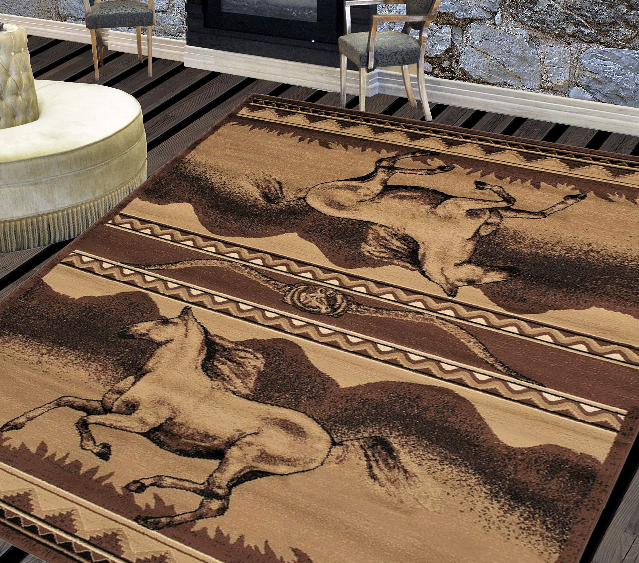 HR-Cabin Rug – Lodge & Cabin Nature Themed Area Rug with Modern Striped Pattern – Abstract Chocolate/Beige Horse & Mountain Design – Perfect for Rustic Cabins, Hunting Lodges & Cozy Living Rooms