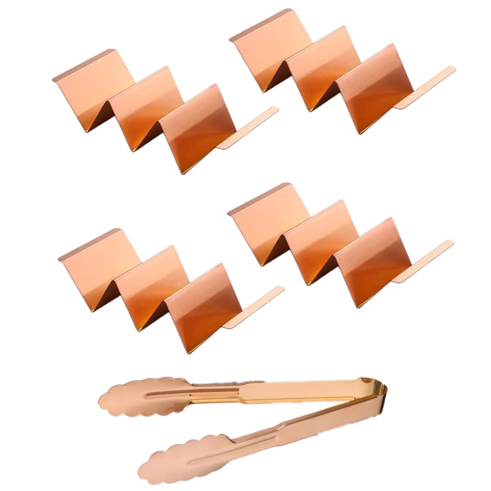 4-Piece Rose Gold Taco Holder Set with Food Tong - Stainless Steel Taco Stand with Handles for Parties & Taco Nights - Holds 3 Tacos Each - Dishwasher & Oven Safe - Perfect for Cinco de Mayo, Game Day & Mexican-Themed Gatherings