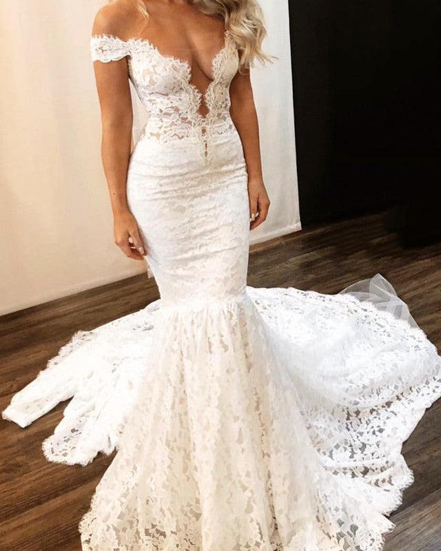Boho Lace Wedding Dress with Sweep Train | Off-Shoulder Mermaid Gown for Beach, Garden & Destination Weddings | Elegant Bridal Gown for Boho Chic Bride