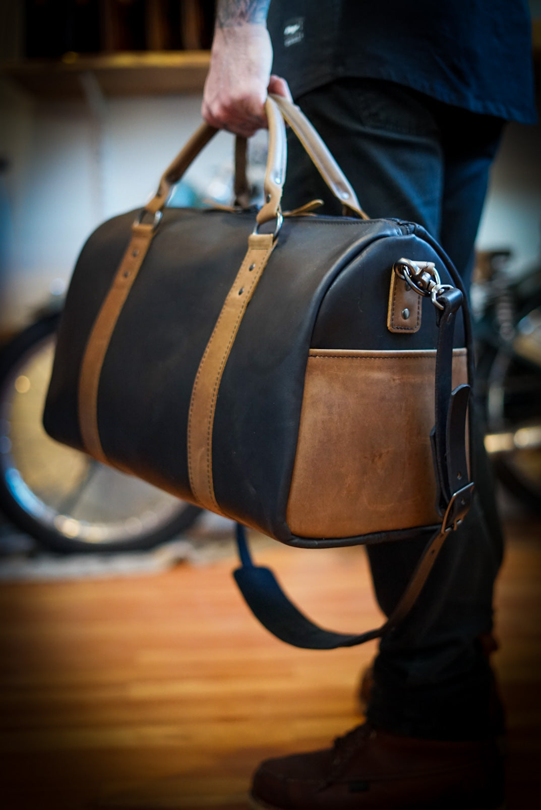 Overnighter Duffle Bag - Flat Black with Rustic Brown Accents - Perfect for Travel, Gym & Weekend Getaways