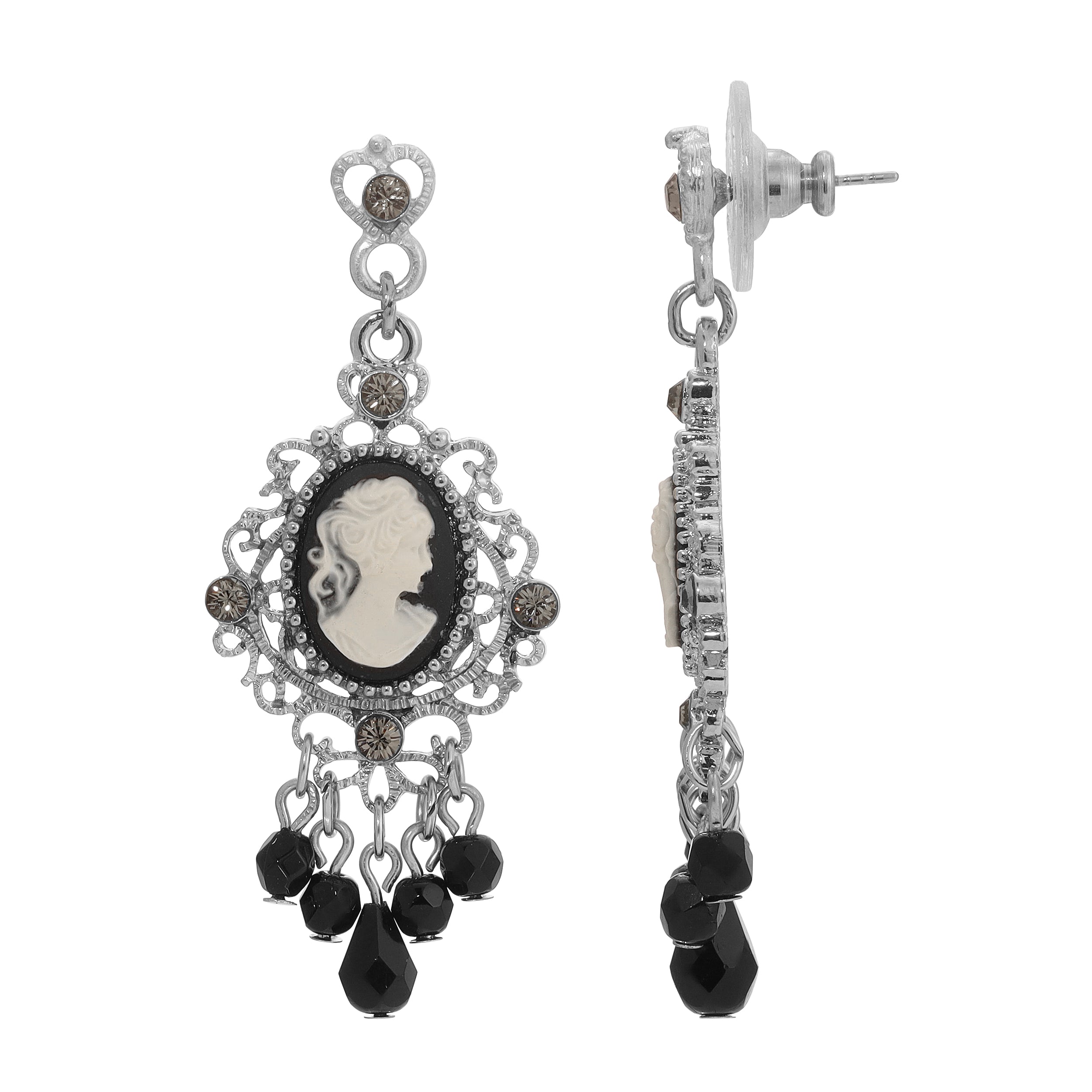 1928 Jewelry Black Cameo Crystal Beaded Post Drop Chandelier Earrings for Women - Vintage Style Dangle Earrings for Party, Wedding & Evening Wear
