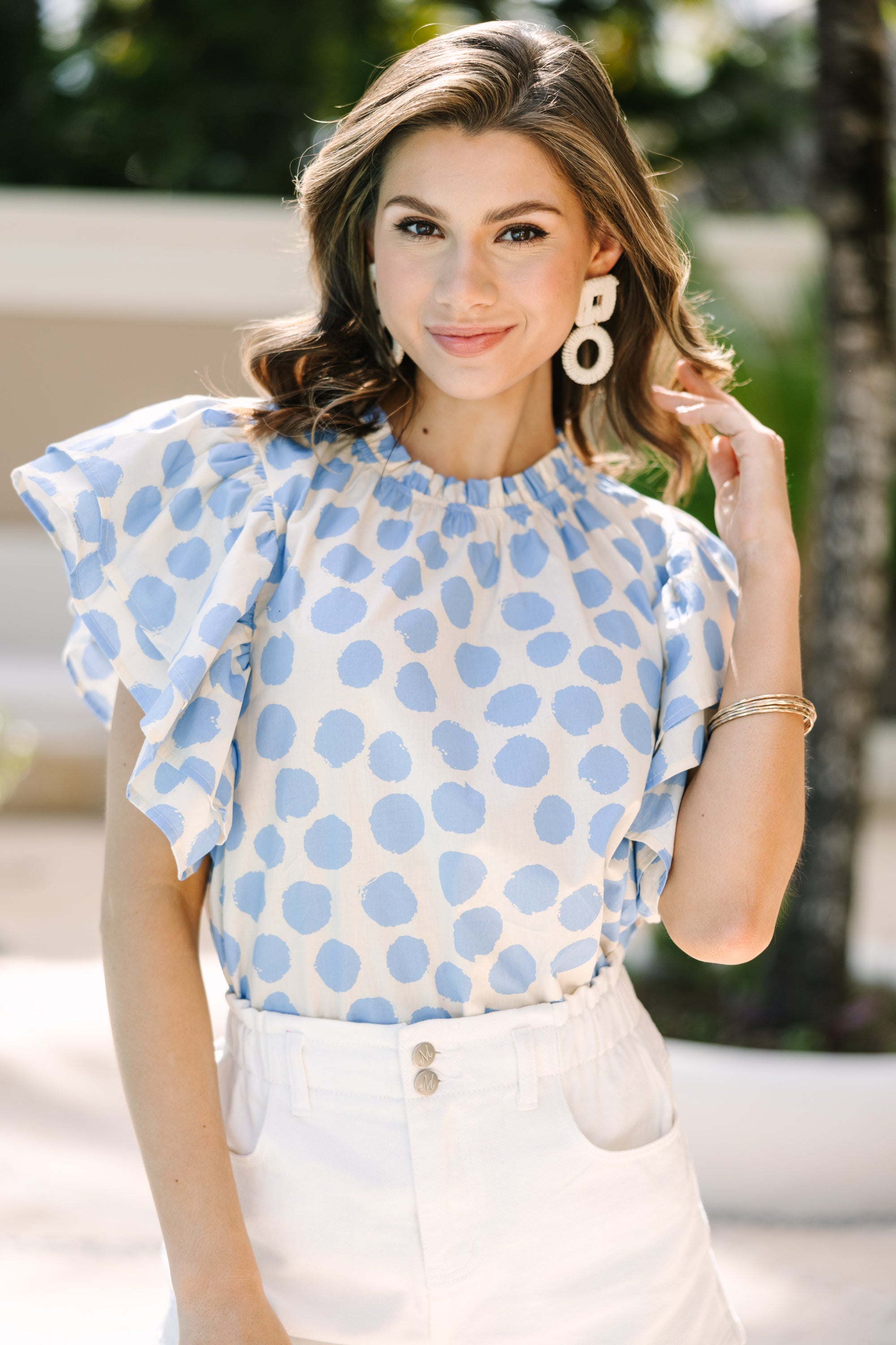 Blue Polka Dot Ruffled Blouse for Women - Stylish Casual & Office Wear - Perfect for Work, Date Night & Spring Outfits