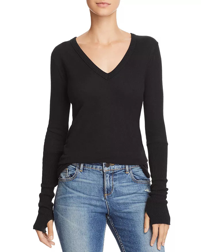 Premium Cashmere Fitted Cuffed V-Neck Sweater for Women - Soft & Warm Black Pullover - Perfect for Office, Date Night & Winter Layering