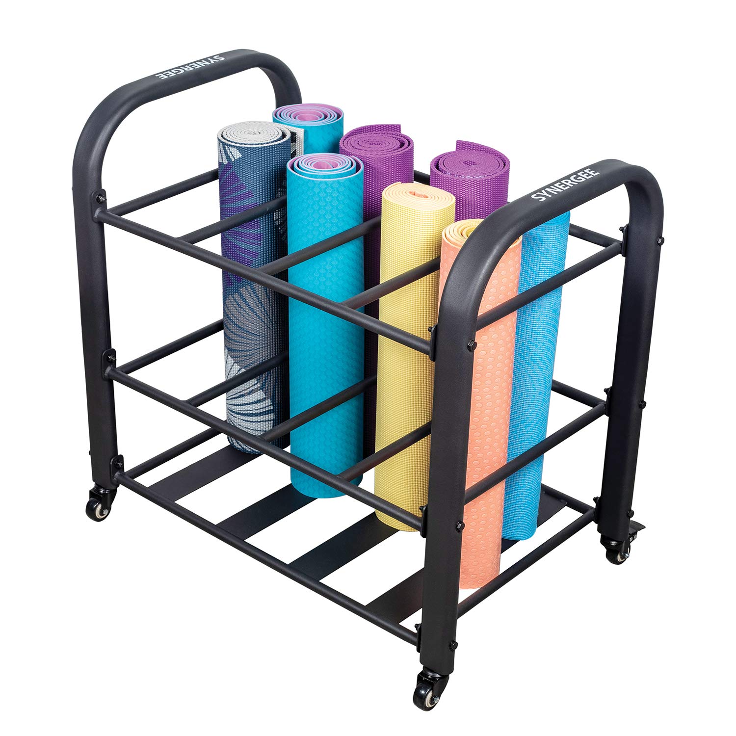 Synergee Yoga Mat Storage Rack - Heavy Duty Organizer for Yoga Mats, Foam Rollers & Fitness Equipment | Space Saving Solution for Home Gym, Yoga Studio & Commercial Fitness Centers | Durable Storage Cart for Exercise Accessories