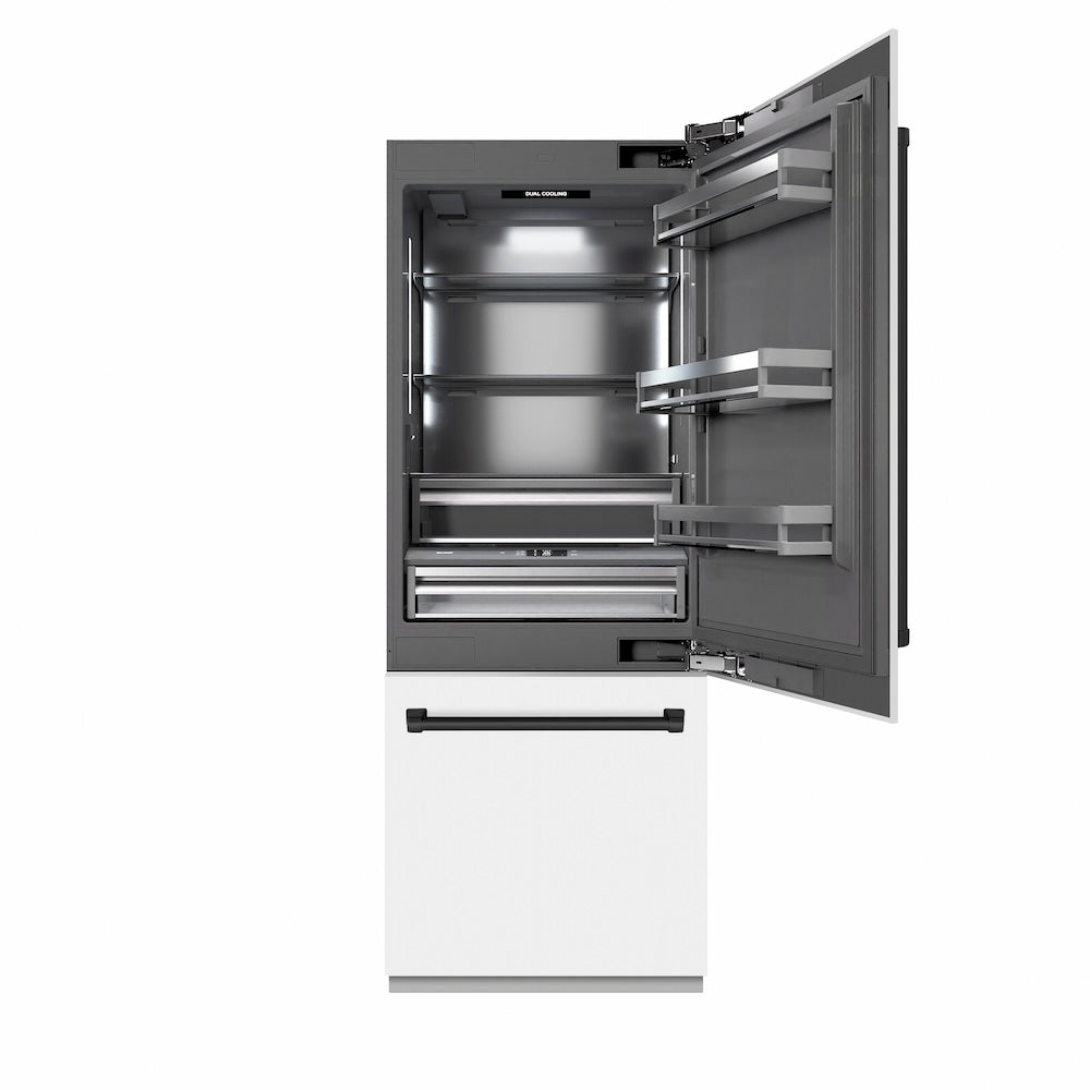 ZLINE Autograph Edition 30-Inch Built-In Bottom Freezer Refrigerator - 16.1 cu.ft Capacity, Water Dispenser & Ice Maker - White Matte Exterior with Graphite Gray Interior & Matte Black Accents (GRBIVZ WM 30 MB) - Perfect for Modern Kitchens, Open-Concept Homes & Luxury Appliances Collection