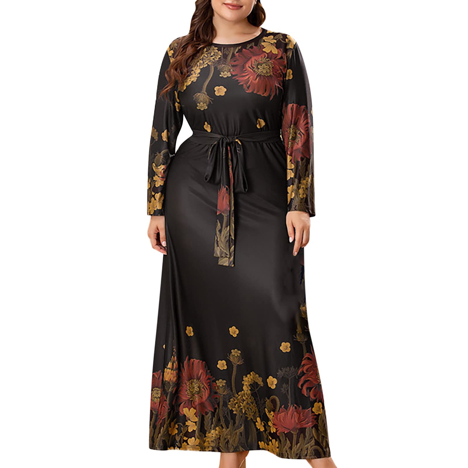 Elegant Plus Size Women's Casual Dress - Crewneck Long Sleeve Tie Waist A-Line Fall Dress for Work, Date & Party Wear