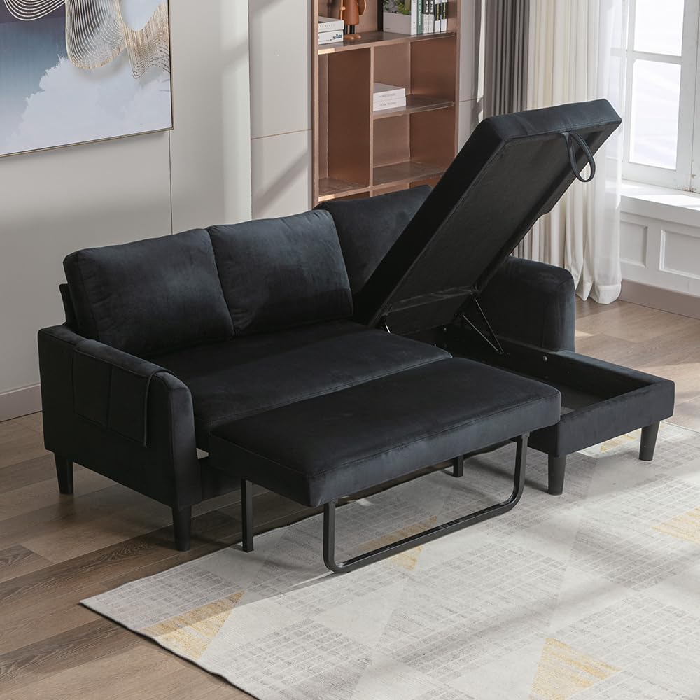 P PURLOVE 3-Seater Sleeper Sectional Sofa with Pull-Out Bed - Upholstered L-Shaped Couch with Storage Chaise & Pockets - Space-Saving Corner Sofa for Small Living Rooms, Apartments & Dorms - Perfect for Lounging, Entertaining & Overnight Guests