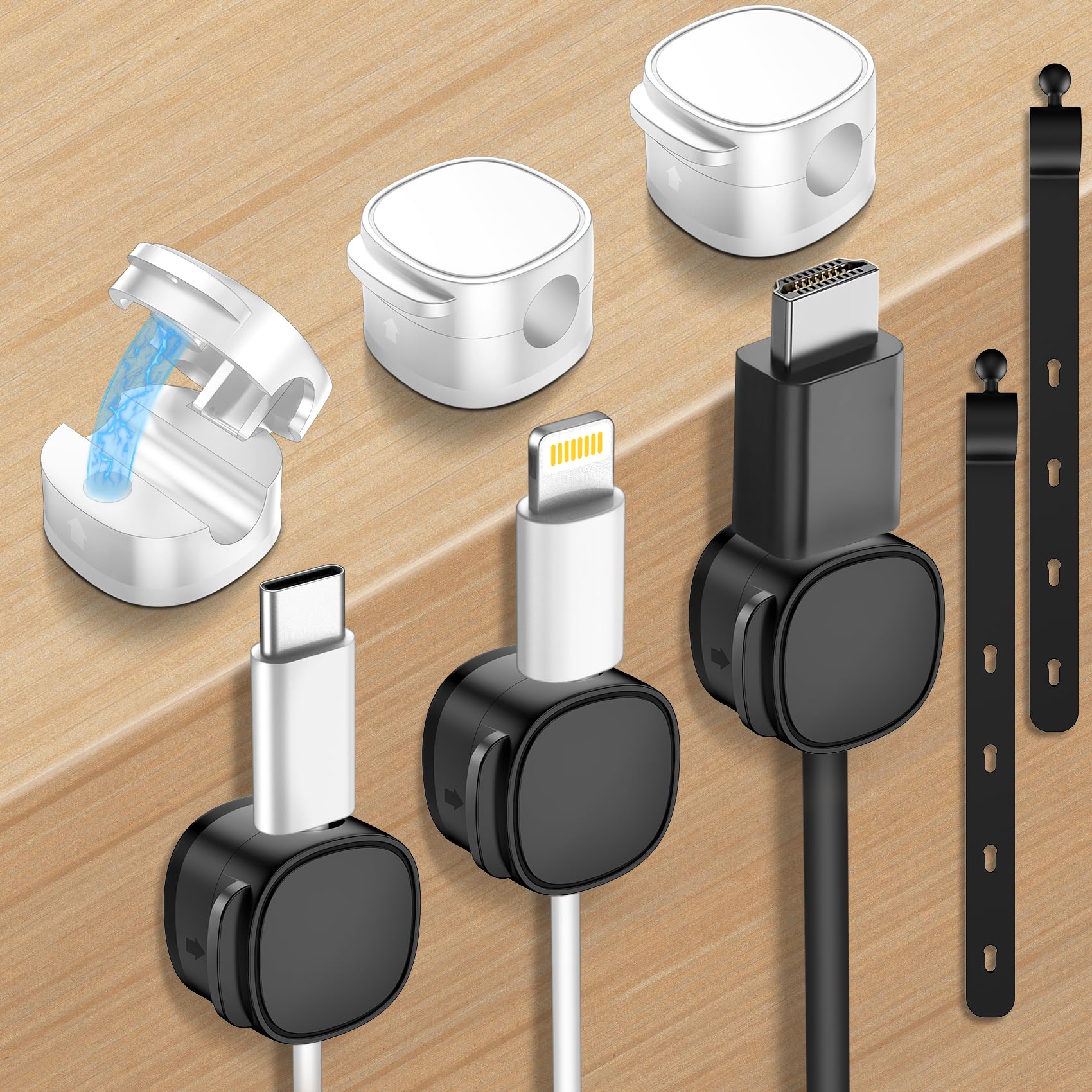 6 Pack Magnetic Cable Clips & Silicone Cable Ties - Adjustable Under Desk Cable Organizer for Home Office, Cord Management Holder with Strong Adhesive (Perfect for Desk, TV, Computer & Router Wire Organization)