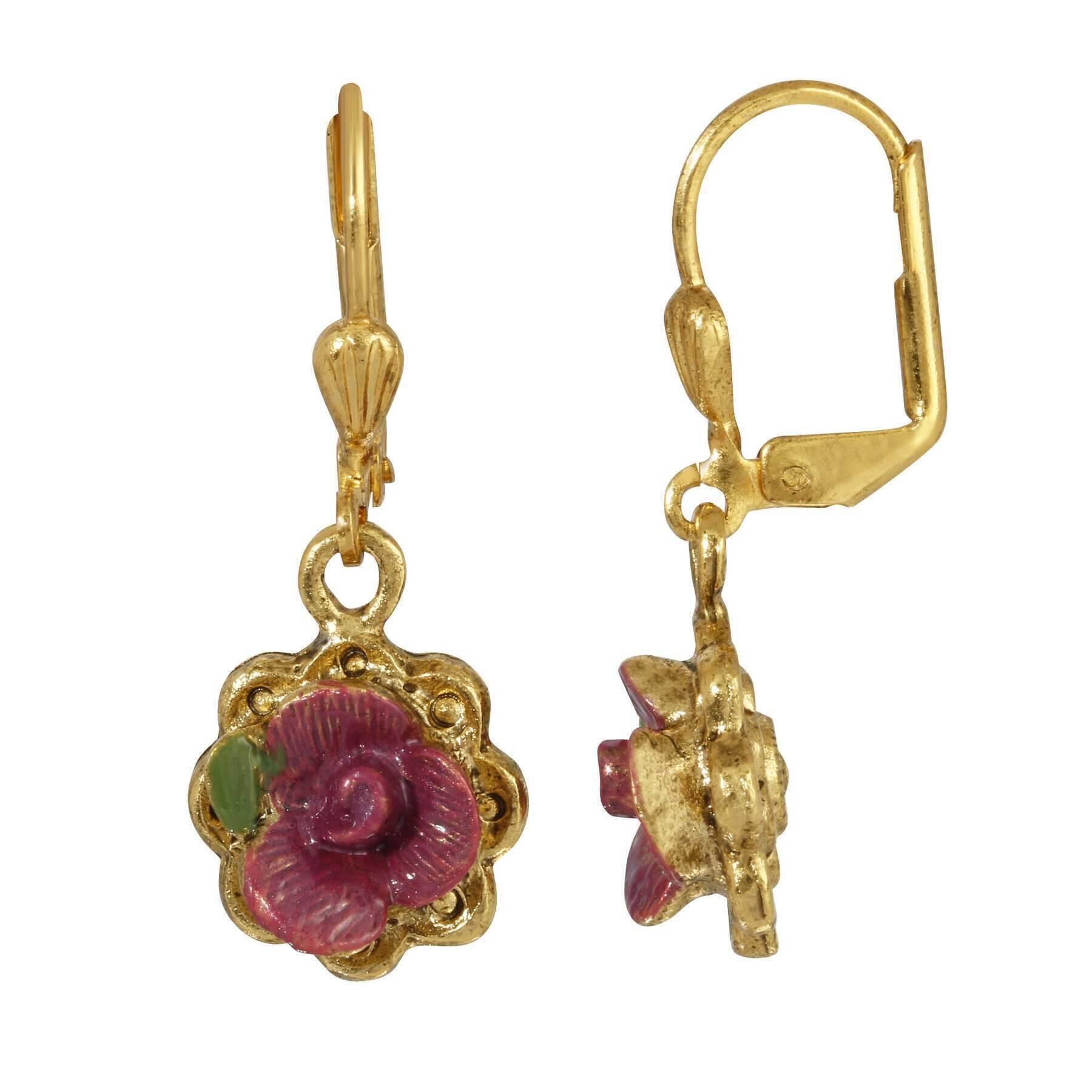 Antiqued Pink Rose Hand Enameled Flower Drop Earrings - Vintage 1928 Jewelry for Women, Elegant Dangle Earrings for Wedding, Party & Special Occasions
