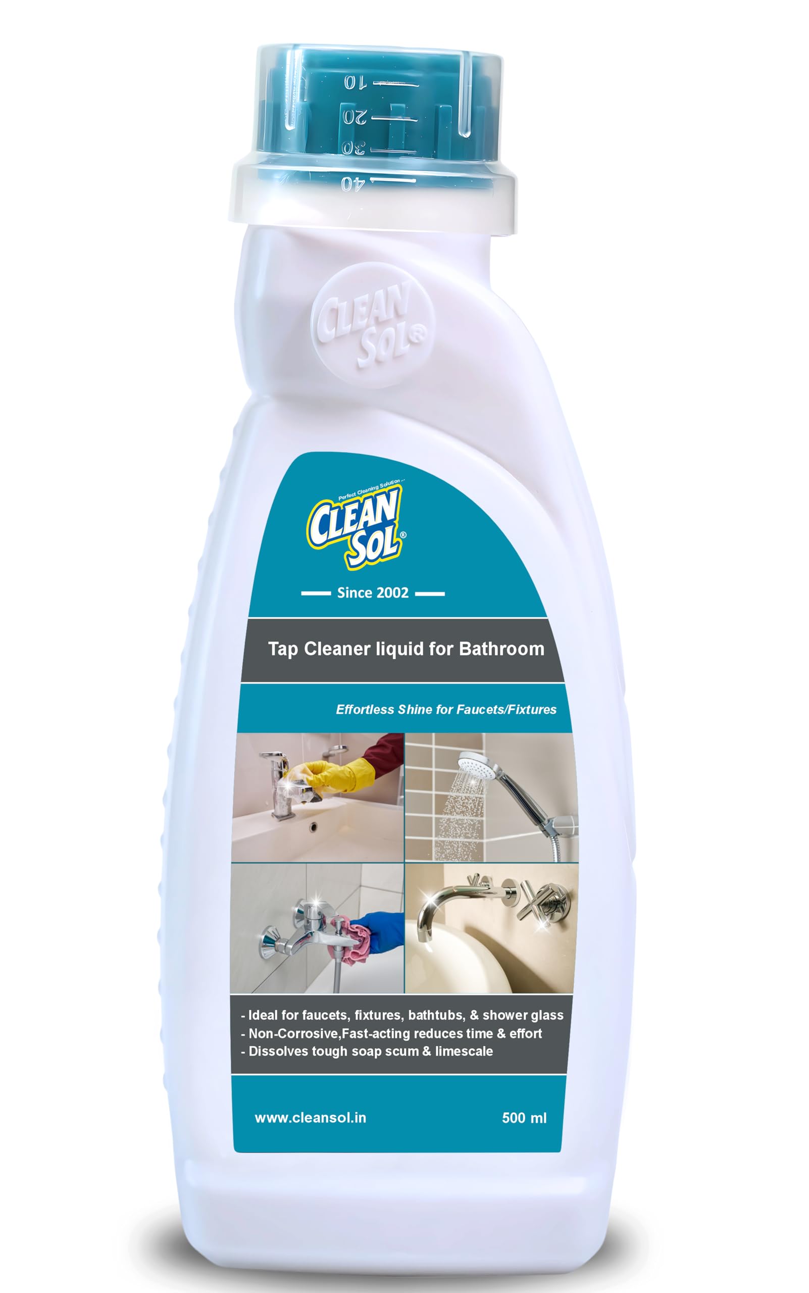 Cleansol Organic Tap Cleaner Liquid – Hard Water Stain & Limescale Remover for Faucets, Sinks, Bathtubs | Soap Scum Eliminator for Shower Glass | 500ml Eco-Friendly Solution – Perfect for Kitchen & Bathroom Cleaning