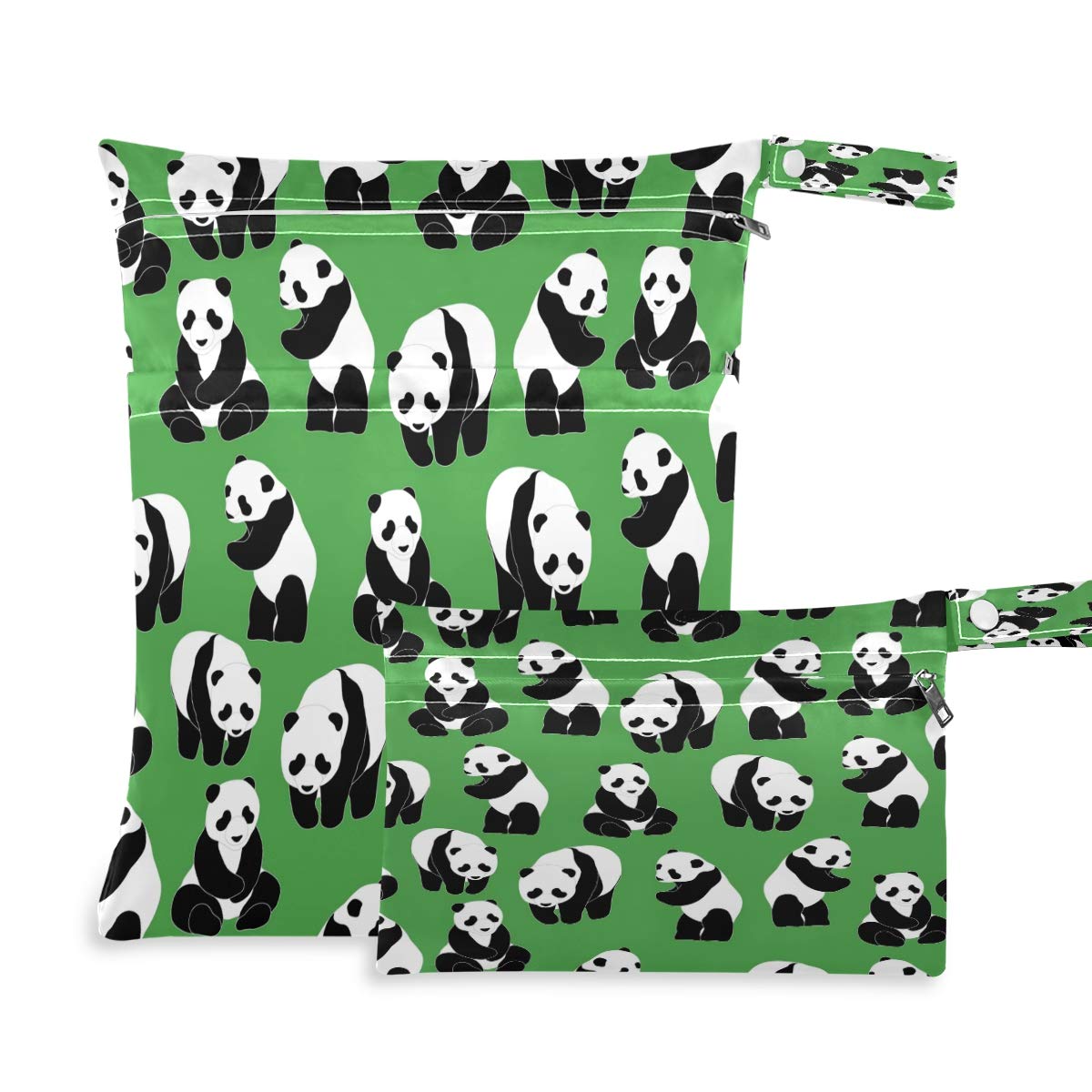 KEEPREAL Green Panda Wet Dry Bags - 2 Pack Reusable Waterproof Diaper Bags for Baby Clothes, Swimsuits & Wet Clothes - Perfect for Travel, Beach, Gym & Pool Essentials