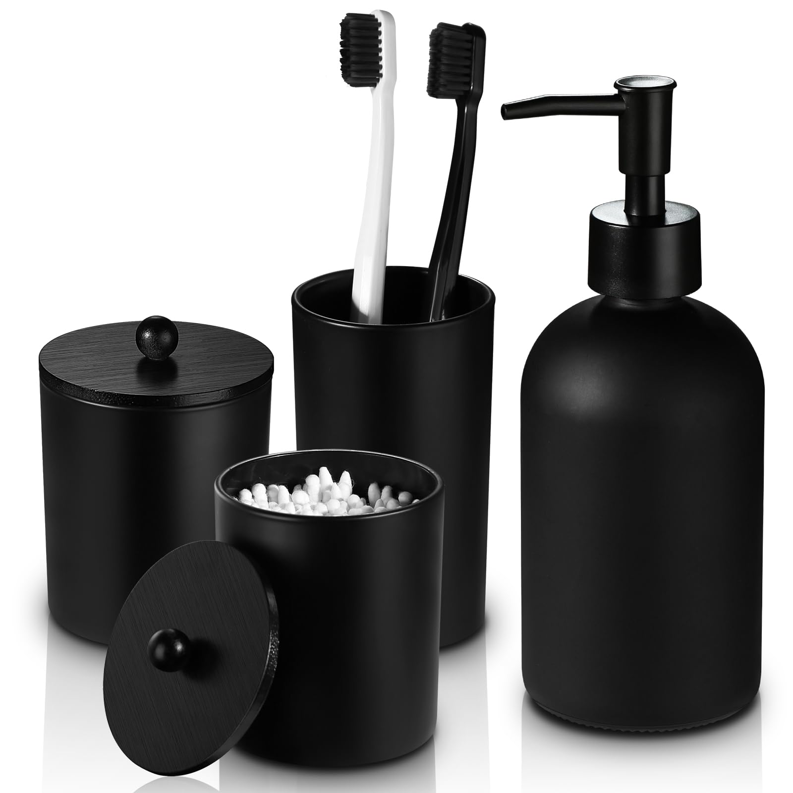 Modern Matte Black Bathroom Accessories Set - 4-Piece Bathroom Decor Kit with Glass Soap Dispenser & Toothbrush Holder | Counter Organizer Essentials for Stylish Bathrooms, Home Decor & Housewarming Gifts