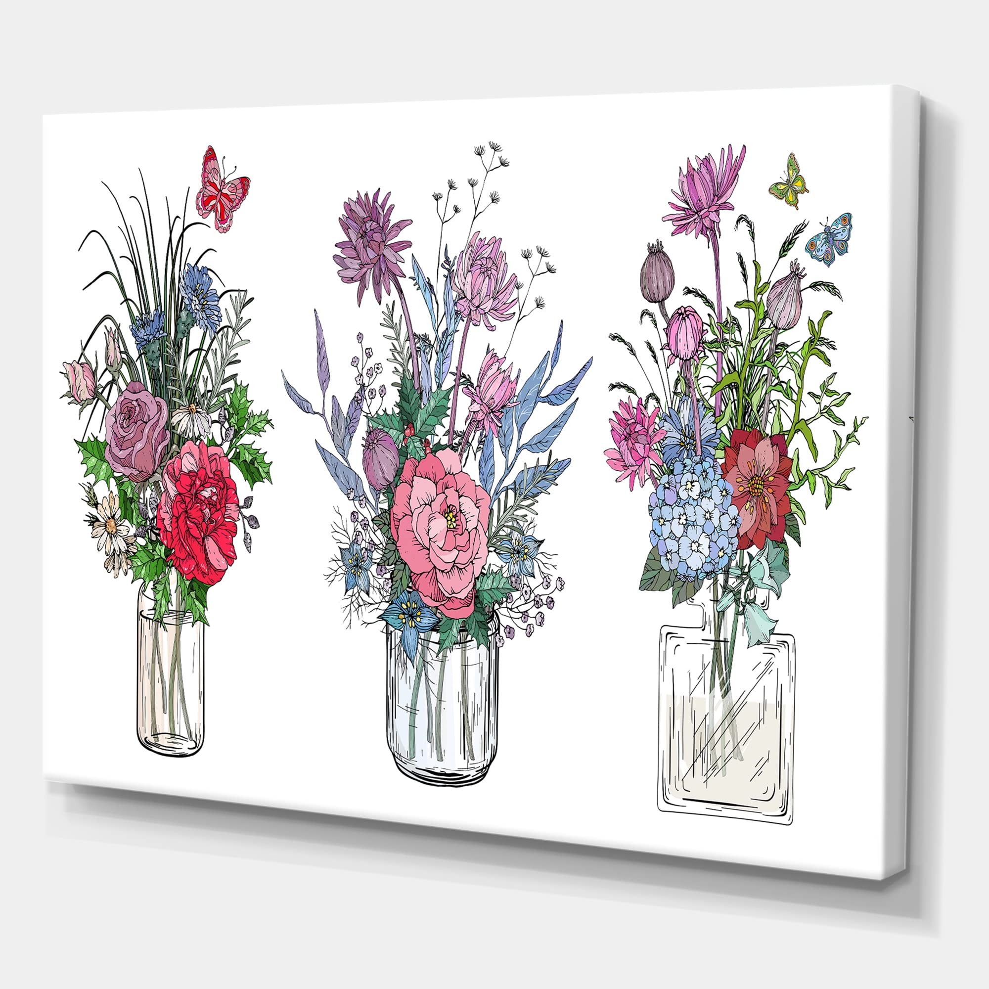 Farmhouse Wildflower Bouquets in Transparent Vases Canvas Wall Art - Perfect for Living Room, Bedroom & Office Decor