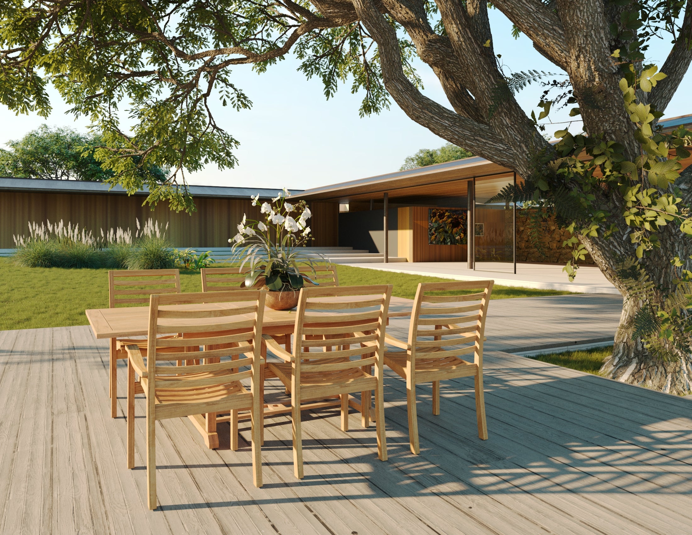 Mathieu 7-Piece Rectangular Teak Outdoor Dining Set with Extendable Table & Stacking Chairs - Perfect for Patio, Garden, and Poolside Entertaining