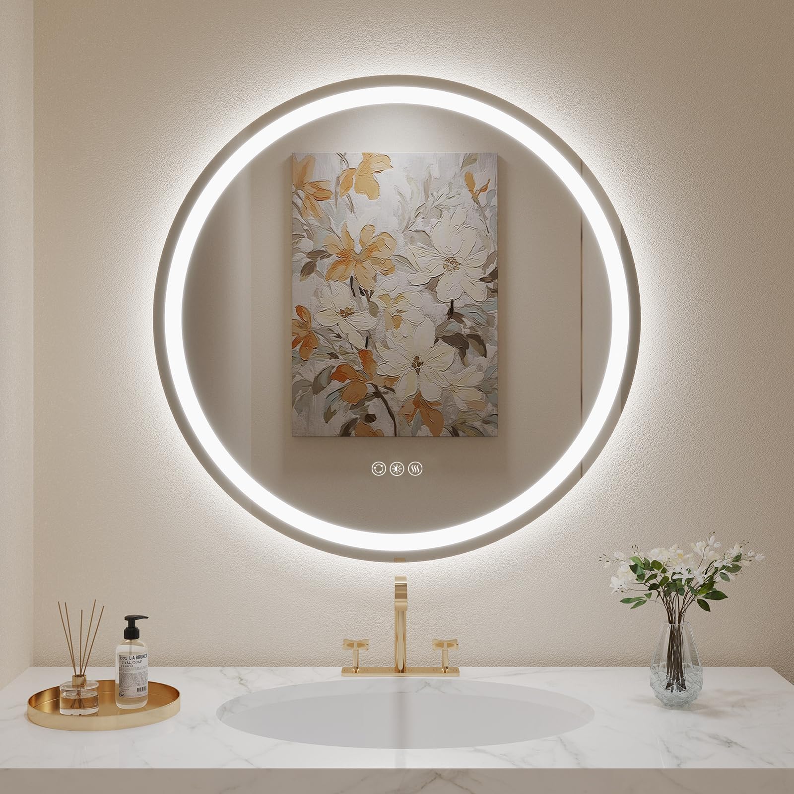 LOVESPEJO 28 Inch Round LED Bathroom Mirror with Anti-Fog, Dimmable Lights, 3 Color Temperatures, IP54 Waterproof - Perfect for Vanity, Makeup, and Shaving