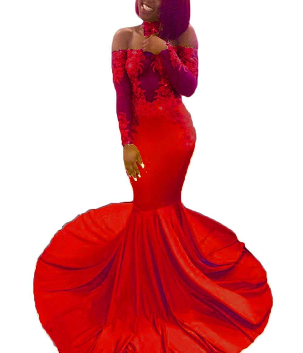 MKbridal Women's Sexy Off The Shoulder Lace Prom Dress - Elegant Mermaid Evening Gown with Long Sleeves & Choker for Homecoming, Wedding Guest, Cocktail Party & Formal Events