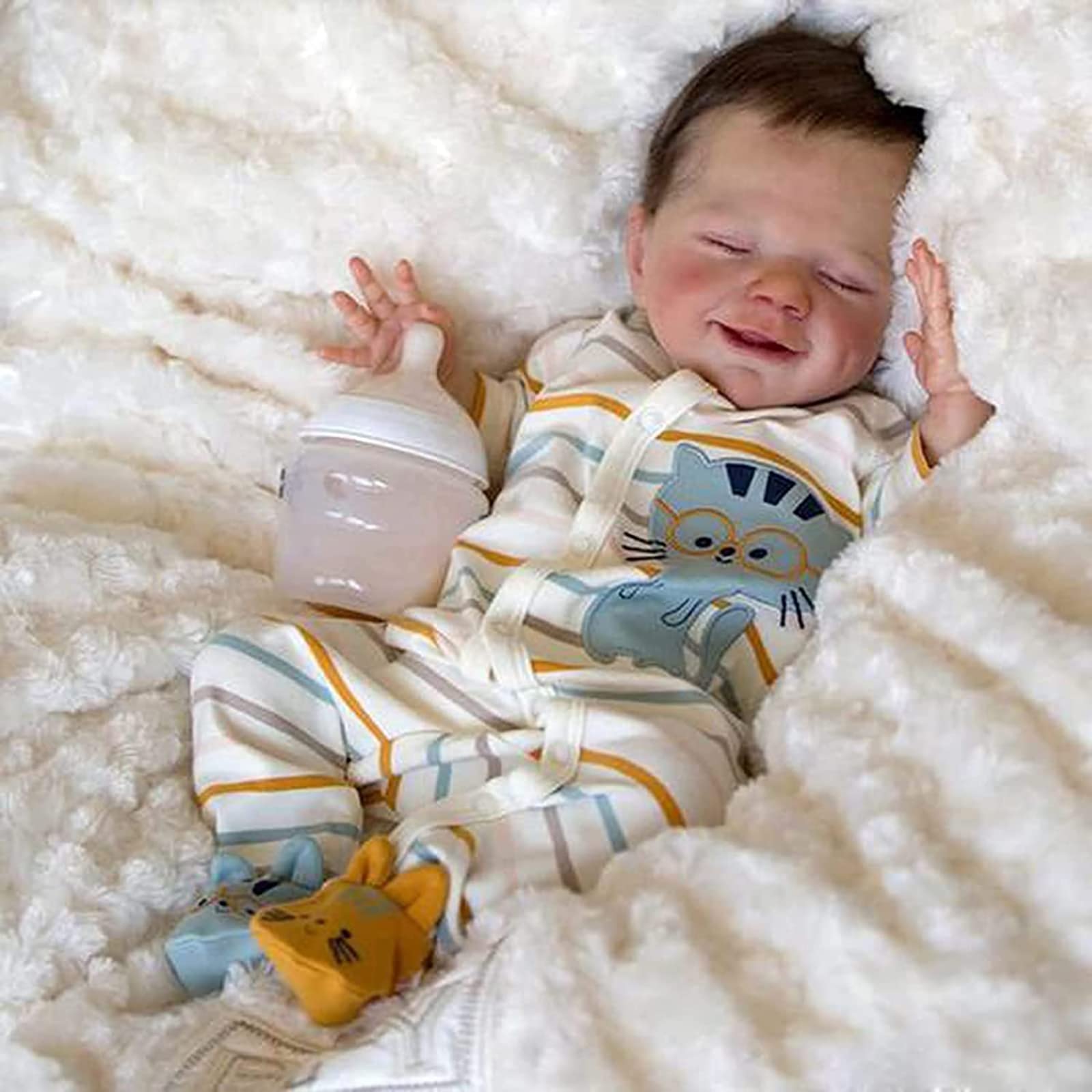 **18 Inch Realistic Reborn Baby Doll - Lifelike Soft Vinyl Girl Doll with Clothes & Bottle, Perfect Gift for Kids Age 3+ (Striped Outfit) - Great for Role Play, Pretend Play & Collectors**