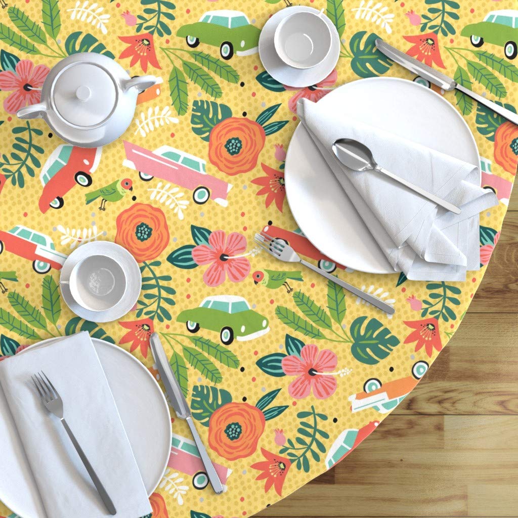 Custom Holiday Tropical Hibiscus Floral Cars Print Cotton Sateen Tablecloth - 90
