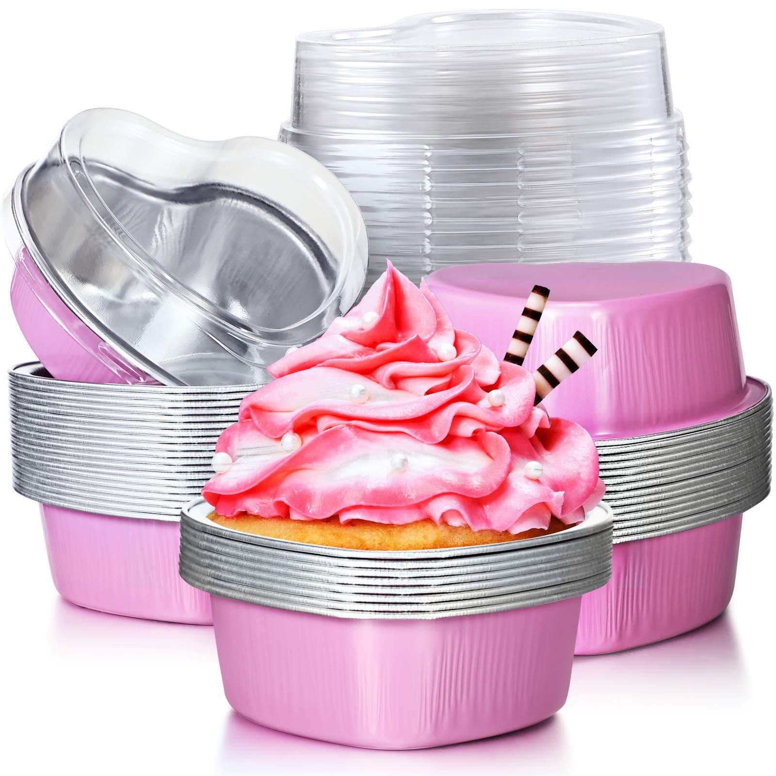 Heart Shaped Disposable Aluminum Foil Baking Cups with Lids - 100ml/3.4oz Mini Cake Pans for Cupcakes, Flan & Desserts - Perfect for Valentine's Day, Mother's Day, Weddings, Christmas & Birthday Parties (20-Pack, Pink) - Ideal for Home Baking, Party Favors & Holiday Treats