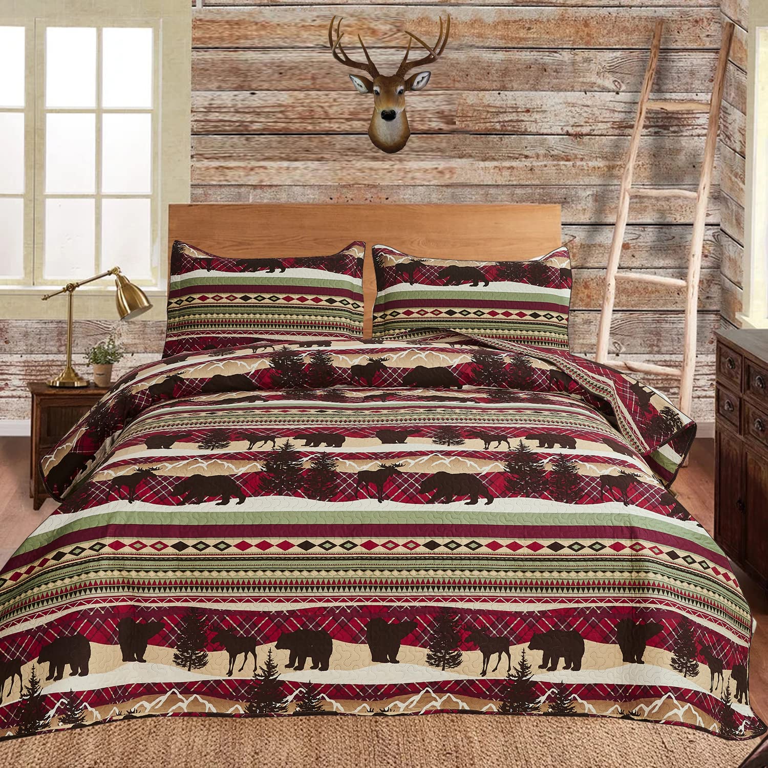 Moose Lodge Lightweight All-Season Twin Bedspread Coverlet Set with Shams - Plaid Bear Deer Printed Reversible Quilt, Rustic Country Cabin Comforter Blanket for Summer & Winter Bedding | Perfect for Guest Rooms, Cabins, and Cozy Home Decor