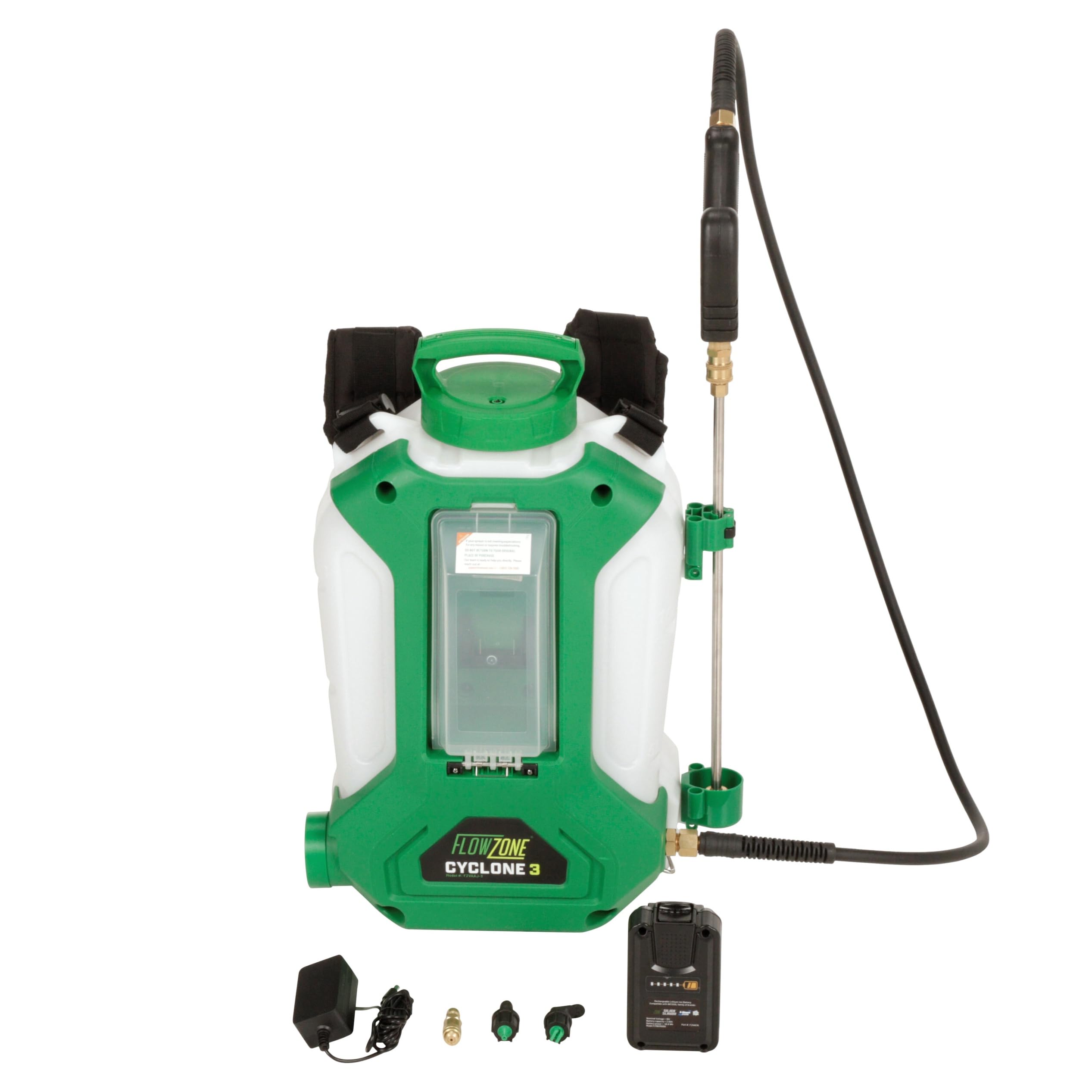 FlowZone Cyclone 3 Battery Powered Backpack Sprayer - 4 Gallon Electric Garden Sprayer with Adjustable Pressure (5 Settings) - Includes Battery & Charger - Perfect for Lawn Care, Weed Control, and Pest Spraying