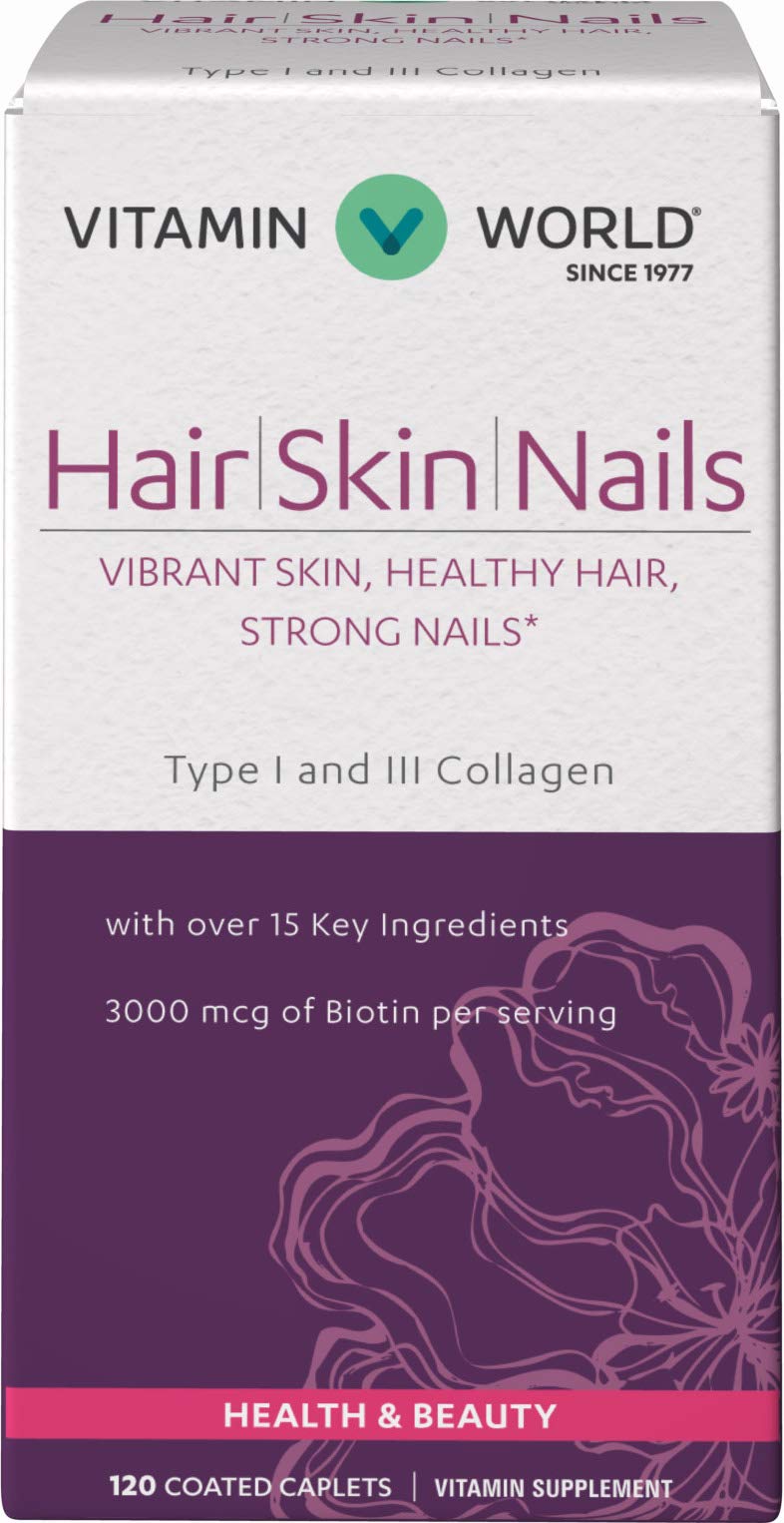 Vitamin World Hair, Skin & Nails Supplement with Biotin & Collagen - 120 Caplets for Stronger Hair Growth, Healthy Skin & Nail Care - Gluten Free Formula for Women & Men - Perfect for Daily Beauty Routine & Anti-Aging Support