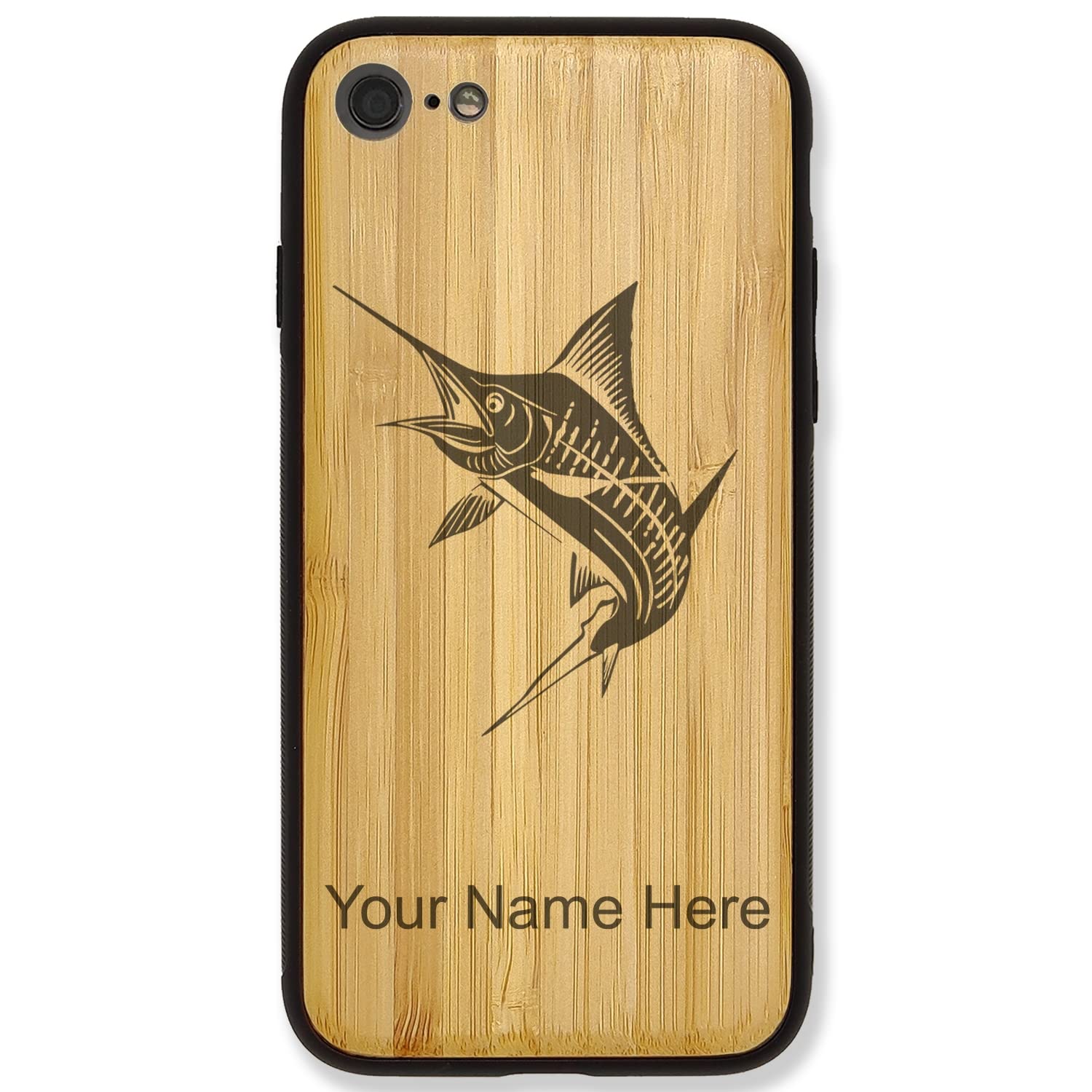 Premium Bamboo Phone Case for iPhone 7 Plus & 8 Plus - Marlin Fish Design with Free Personalized Engraving | Durable Protection for Everyday Use, Travel & Outdoor Activities