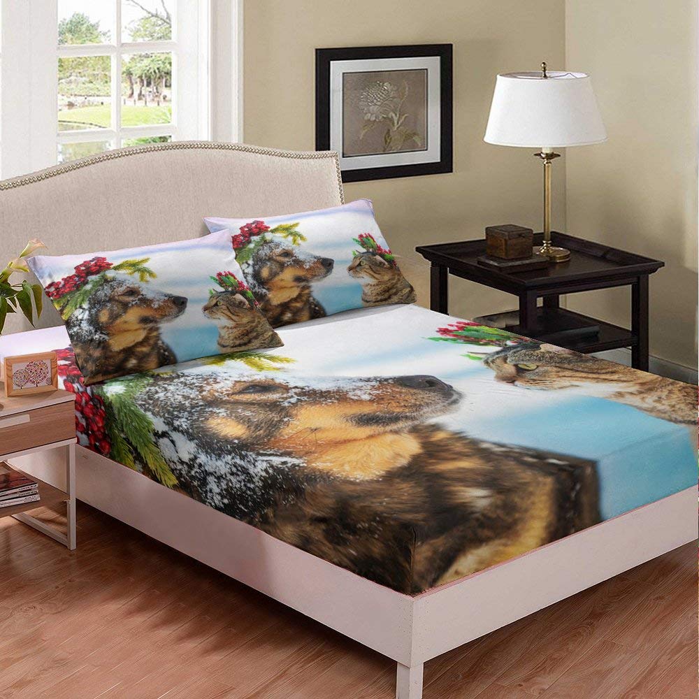Cute Dog and Cat Snow Print Microfiber Bedding Set - 2 Piece Twin Size (1 Fitted Sheet + 1 Pillowcase) for Kids Boys Christmas Theme | Soft Pet-Themed Bed Sheets for Children's Room Decor & Holiday Gift