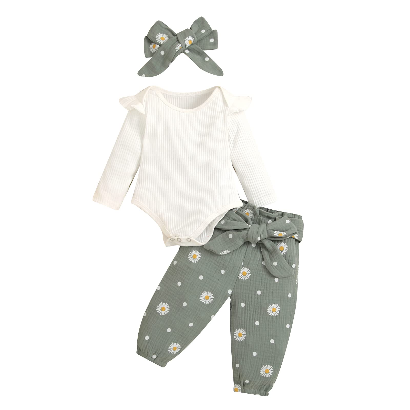 Newborn Baby Girl Clothes Set - Ribbed Long Sleeve Bodysuit, Floral Pants & Headband 3-Piece Outfit | Soft Cotton Infant Romper for Photo Shoots, Parties & Daily Wear