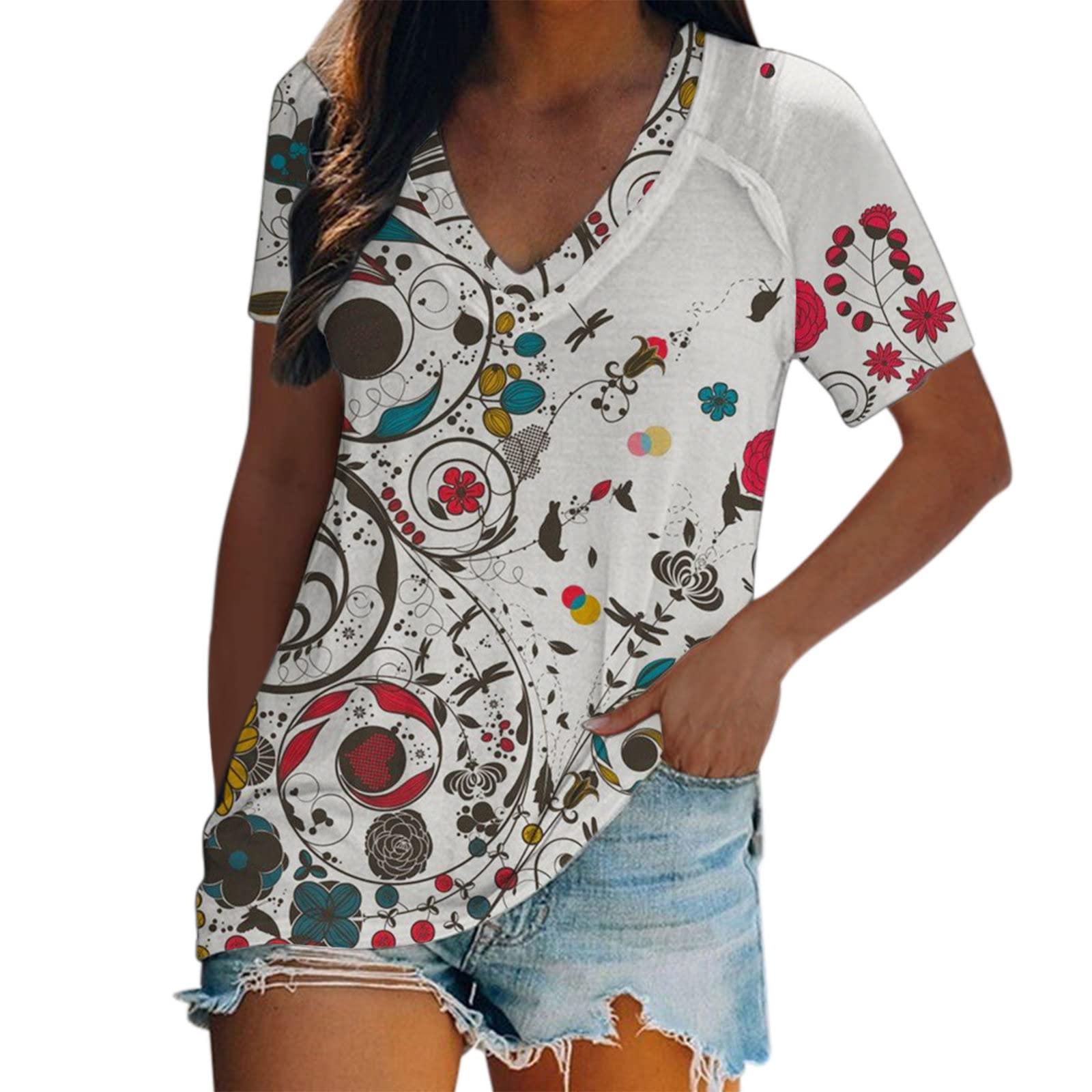 FMCHICO Women's Summer Floral Print V-Neck T-Shirt - Short Sleeve Blouse for Casual Wear, Beach Outfits & Vacation Style