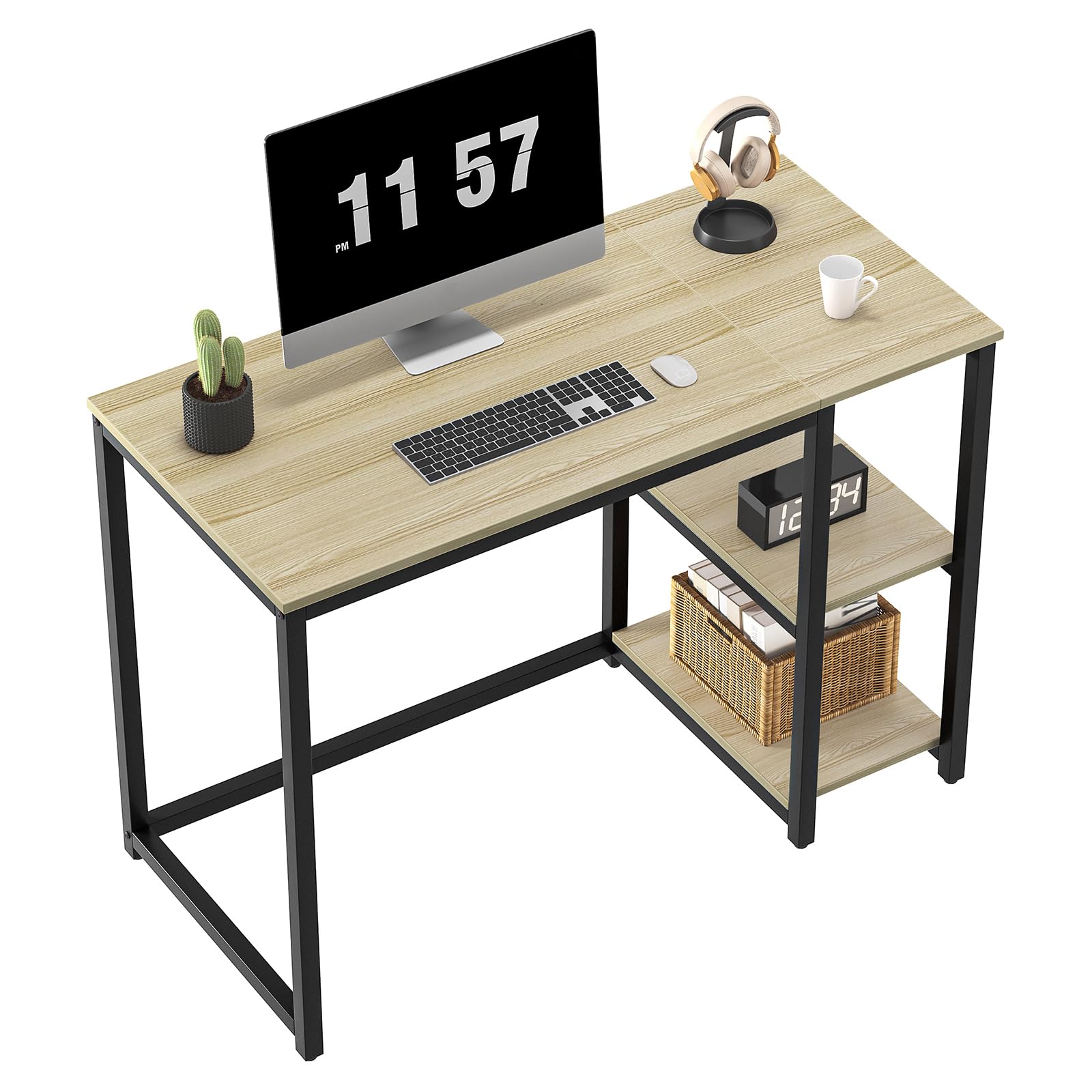 SINPAID 40-Inch Computer Desk with 2-Tier Shelves - Sturdy Home Office Desk, Large Storage Space, Modern Gaming & Study Writing Table for Laptop (Oak) - Perfect for Small Spaces, Work from Home & Online Classes