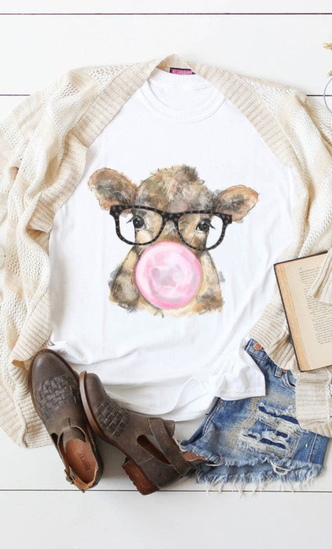 CURZY SIZE Bubble Gum Cow with Glasses Graphic Soft Cotton T-Shirt | Made in USA | Casual Wear, Funny Outfit for Teens & Adults