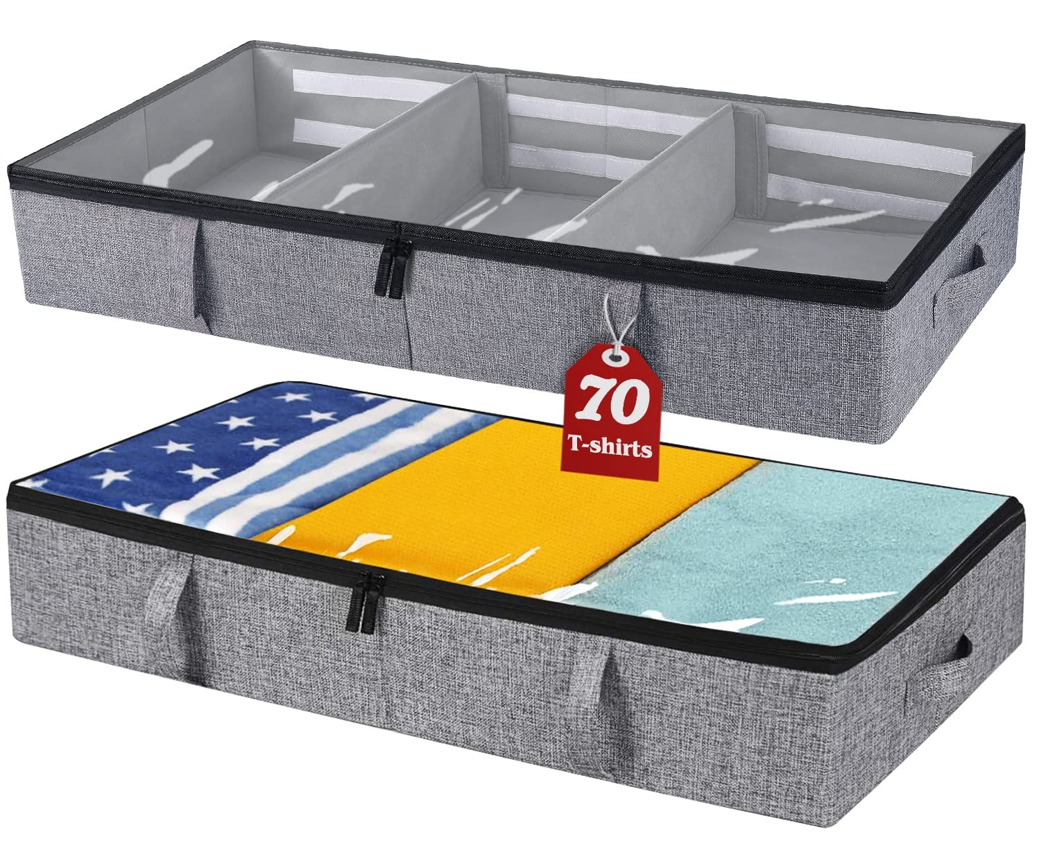 Under Bed Storage Containers with Adjustable Dividers - Large Clothes Organizer Drawers for Blankets, Shoes & More - Heavy Duty Zippered Storage Bins with Handles - Perfect for Kids & Adults Bedroom Organization (Space Saving Solution for Small Rooms & Dorm Storage)